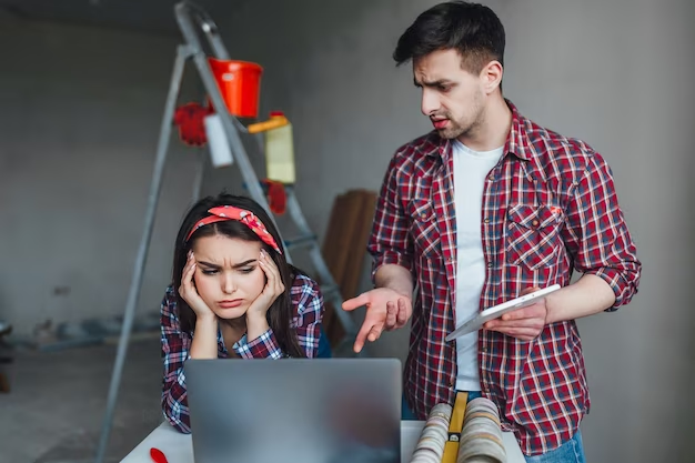 The guy and the girl express dissatisfaction looking at a laptop